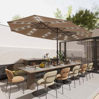 15 ft. Large Patio Umbrella with 36 Solar Lights, Double-Sided Outdoor Beach Umbrella with Base for Garden Lawn in Beige | The Home Depot