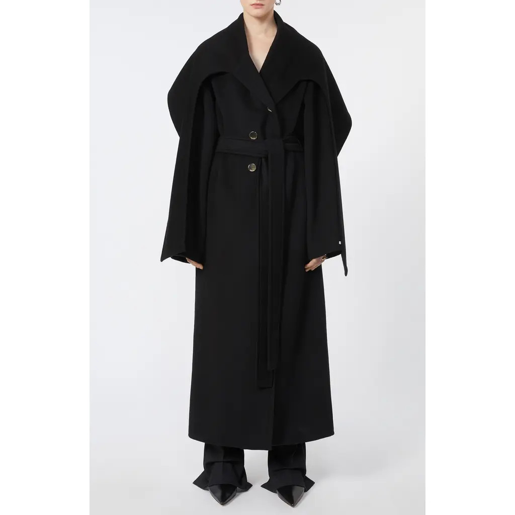 SPORTMAX Baldo Scarf Detail Virgin Wool Belted Coat in Black at Nordstrom, Size 4 | Nordstrom