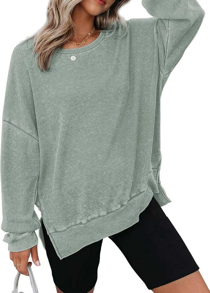 Dokotoo Sweatshirt for Women Oversized Waffle Knit Crewneck Sweatshirts Long Sleeve Side Slits Ca... | Amazon (US)