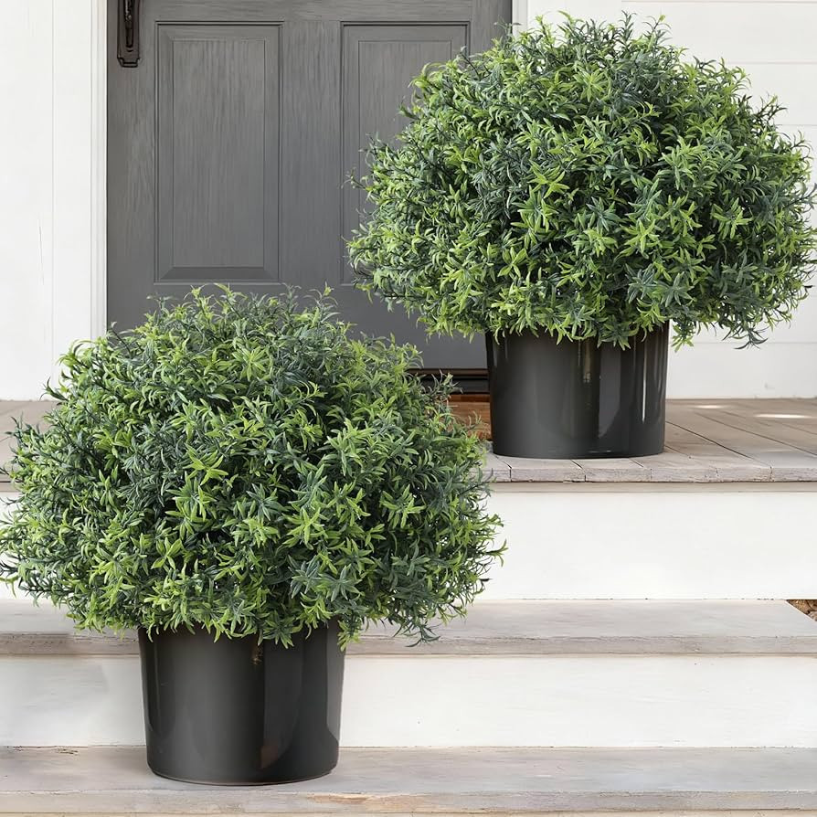 2 Sets Artificial Rosemary Topiary Ball Trees for Front Door - UV Resistant Faux Outdoor Rosemary... | Amazon (US)