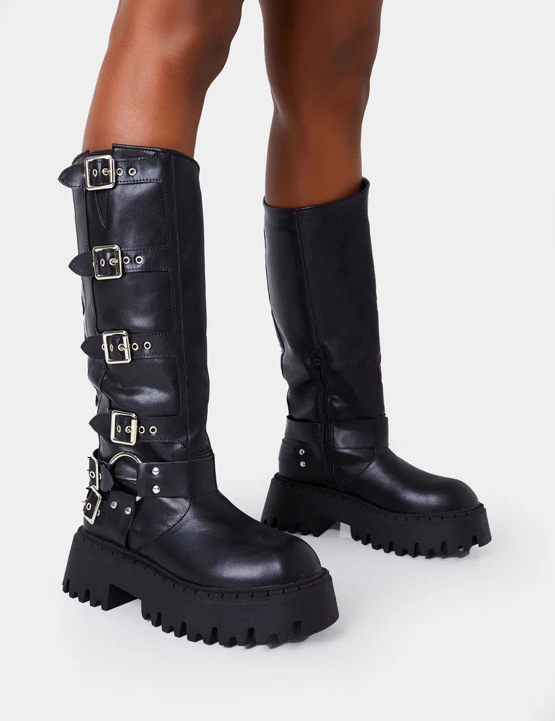 Punk Black Pu Chunky Sole Buckle Down Knee High Boot | Public Desire (US & CA)