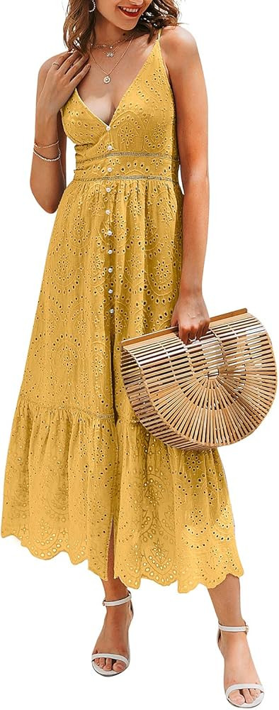 BerryGo Women's Embroidery Pearl Button Down Dress V Neck Spaghetti Strap Maxi Dress | Amazon (US)