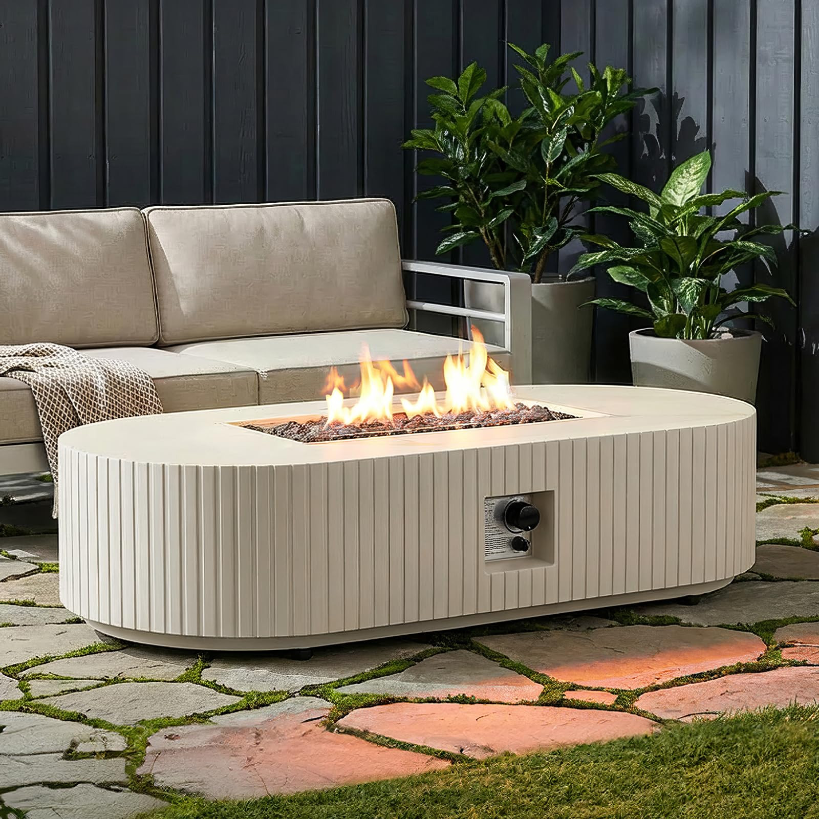60" Outdoor Propane Fire Pit Table, 50,000 BTU Oval Concrete Fire Pit Coffee Table, Waterproof Cover for Patio, Backyard, Garden, Porch, Deck, Beige | Amazon (US)