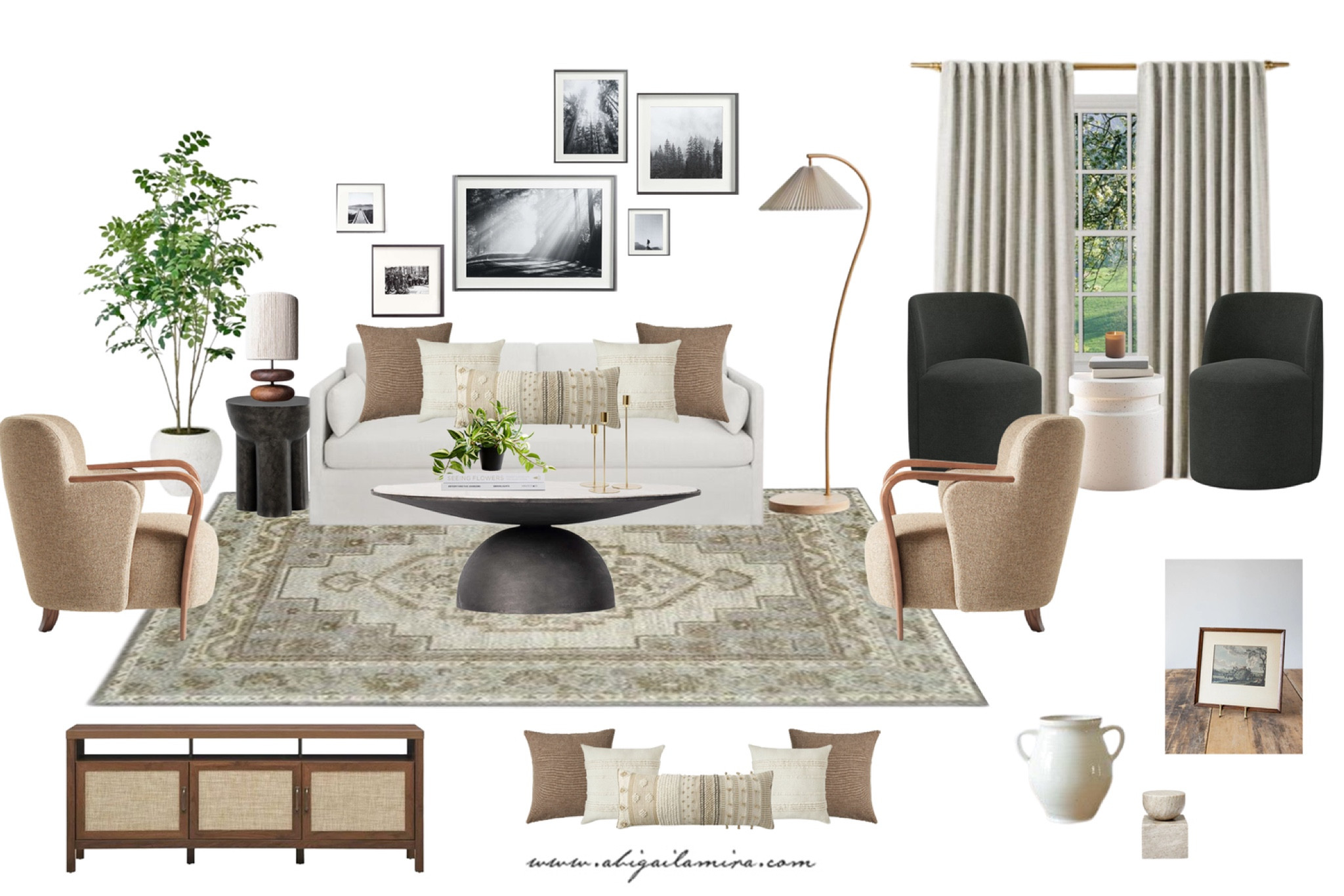 I wanted to create a living room with a maximalist approach, incorporating a moody feel and neutral palette. To make it look luxurious without breaking the bank, I mixed affordable pieces with high-end ones. I used an affordable wool patterned rug and slipcovered sofa and paired them with high-end pieces like these beautiful armchairs and coffee table. The different textiles and materials make the space feel warm and inviting, and they all balance and contrast with each other to create something special.

#LTKstyletip #LTKhome #LTKSeasonal