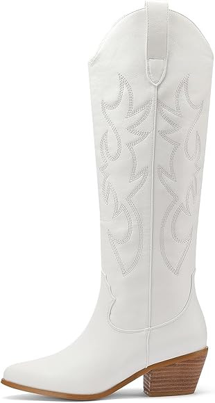 Women Pointed Toe Embroidered Knee High Cowgirl Boots Chunky Heel Cowboy Boots | Amazon (US)