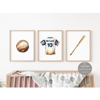 Personalized Watercolor Baseball Jersey & Bat Art Print Set, Decor For Kids Room Nursery Or Office, Lover Gift | Etsy (US)