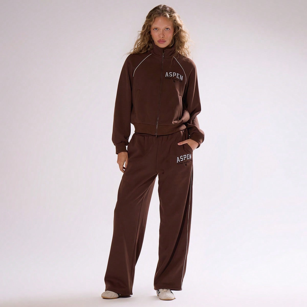 MUSERA Zip Through Contrast Piping 'Aspen' Embroidered Sweatshirt Only Autumn Fall Winter Ski Vacation Christmas Lounge Holidays | SHEIN