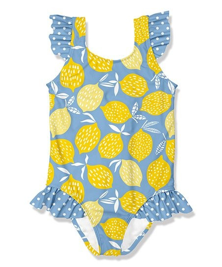 Sky Blue & Yellow Lemon Ruffle-Accent One-Piece - Infant, Toddler & Girls | Zulily