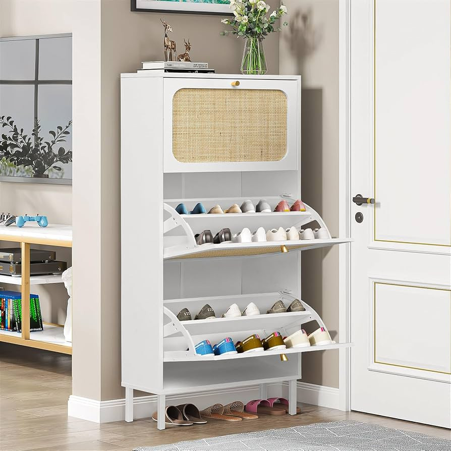 3 Flip Drawer Shoe Cabinet Natural Rattan Shoe Cabinet Organizer Freestanding Wooden Shoe Rack St... | Amazon (US)