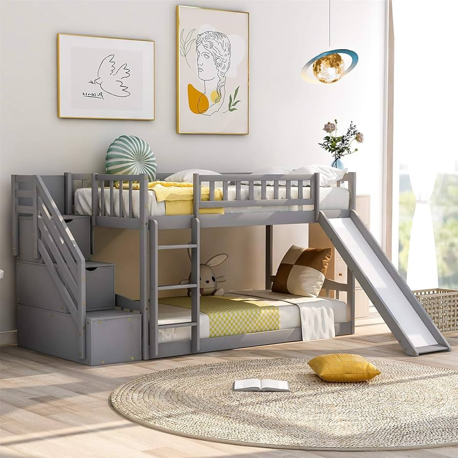 Twin Over Twin Bunk Beds with Slide, Storage Drawers Stairway Wood Low Bunk Bed with Slide for Ki... | Amazon (US)