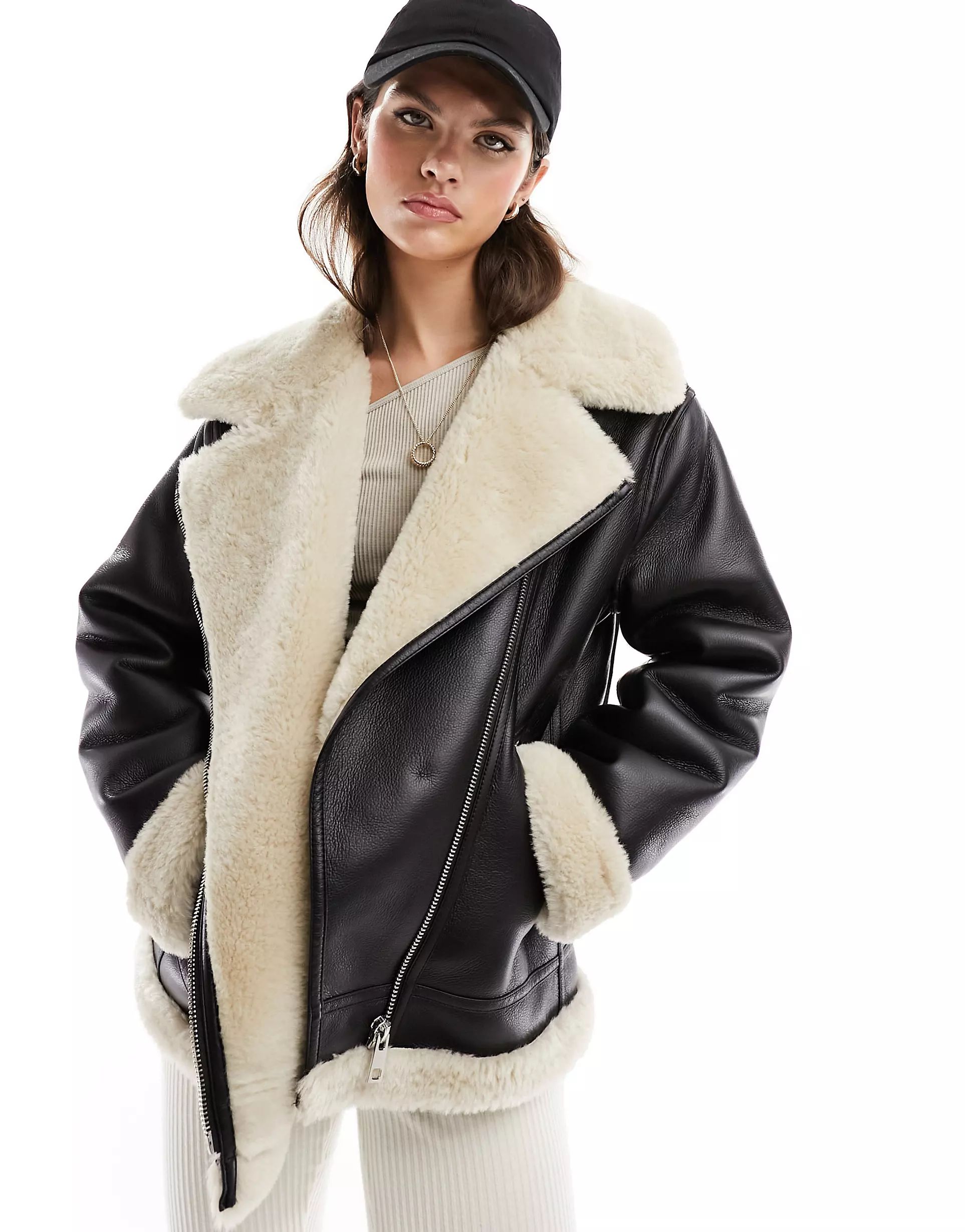 Mango oversized shearling collar aviator jacket in black | ASOS (Global)