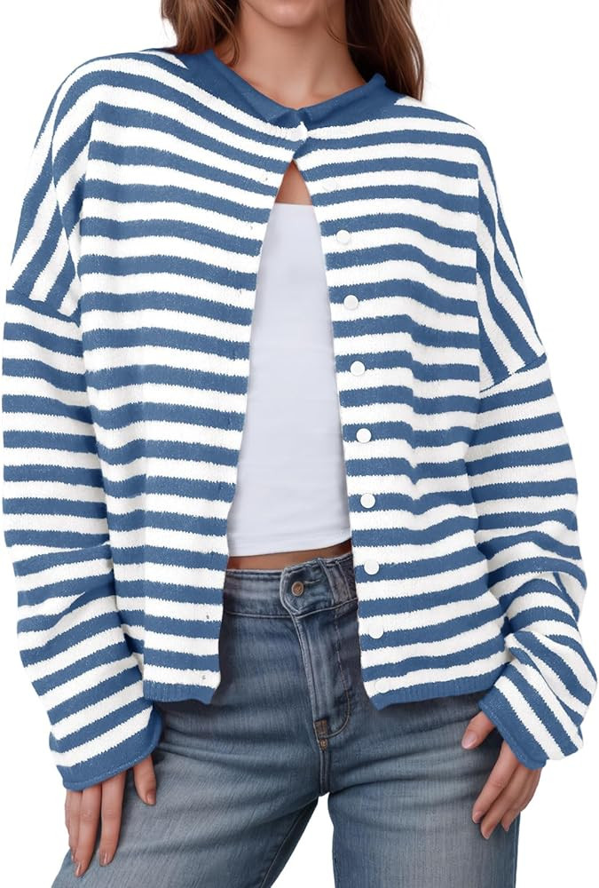 Saodimallsu Womens Striped Cardigan Casual Long Sleeve Open Front Button Down Loose Knit Lightwei... | Amazon (US)