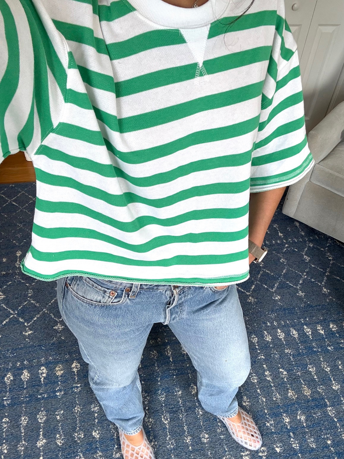 OOTD. Target shirt and Old Navy jellies on sale!  

 #LTKOver40 #LTKSaleAlert #LTKFindsUnder50