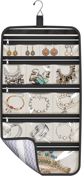 MISSLO Hanging Jewelry Organizer Travel Foldable Jewelry Roll Storage Case with 14 Cotton Zippere... | Amazon (US)