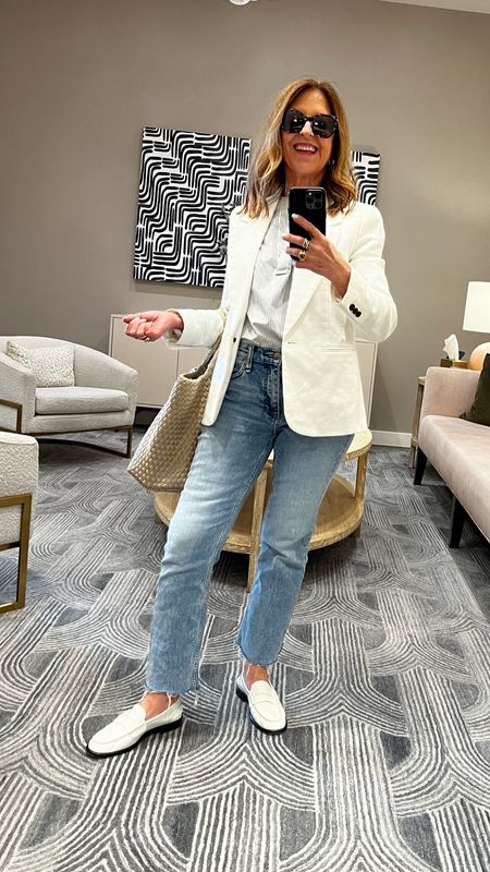 My WFH and running errands outfit of the day. 

A favorite Frame split front stripe top, J.Crew blazer, Rag & Bone Peyton jeans, and loafers. My favorite tote is the Naghedi medium St Barths tote.

#LTKover40 #LTKstyletip #LTKSeasonal