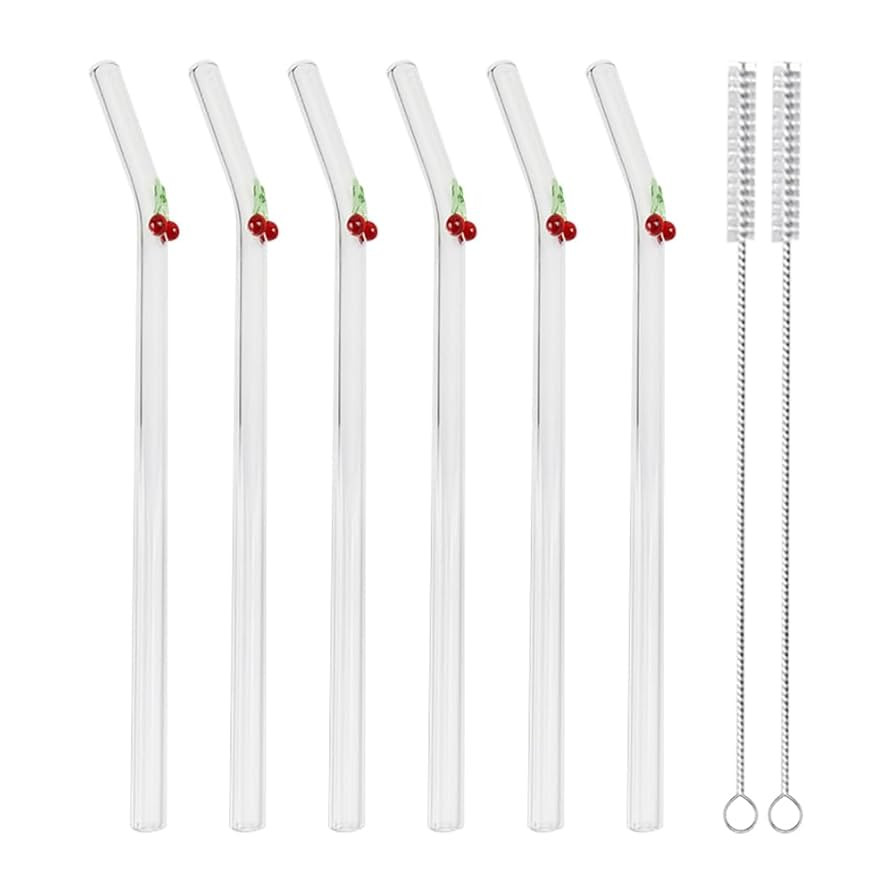 6 Pcs Glass Cherry Drink Straws Reusable Clear Bent Straw Cute Transparent Cocktail Straw Decorat... | Amazon (US)