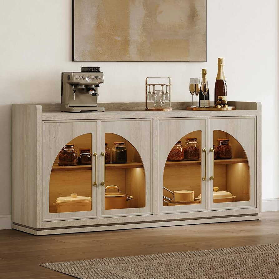 SICOTAS Sideboard Buffet Cabinet with Storage and LED Lights-Farmhouse Large Credenza Storage Cabinet with Arch Glass Doors, Adjustable Shelves, 61.7" Media Console Coffee Bar Cabinet, Grey White Oak | Amazon (US)