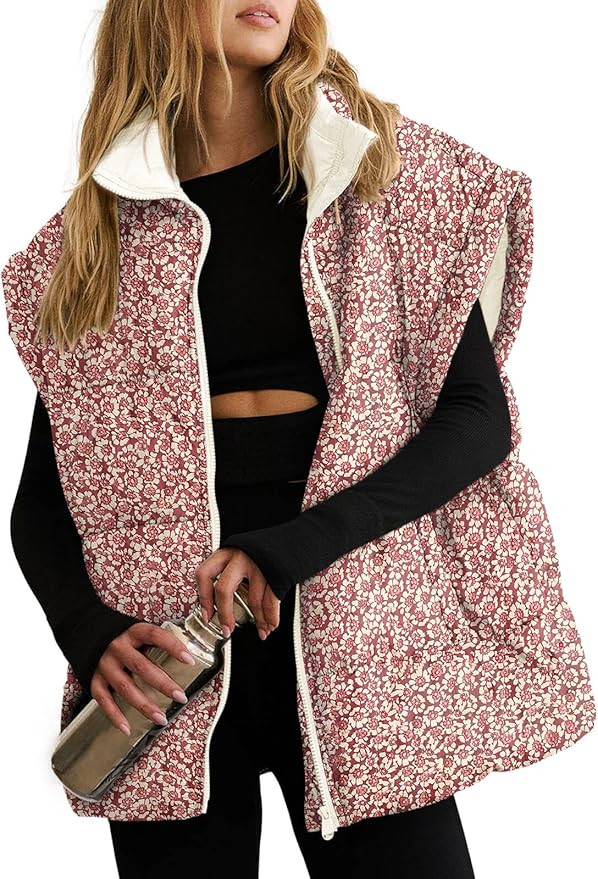 Tankaneo Womens Floral Oversized Puffer Vest Cap Sleeve Winter Warm Puffy Quilted Jackets Coat | Amazon (US)