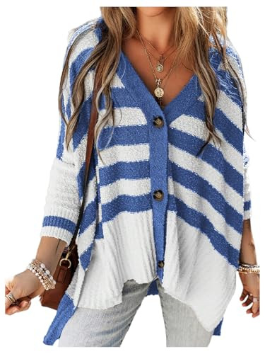 WDIRARA Women's Striped Cardigan Sweaters Oversized Open Front Button Down Knit Cardigans Blue and White Small | Amazon (US)