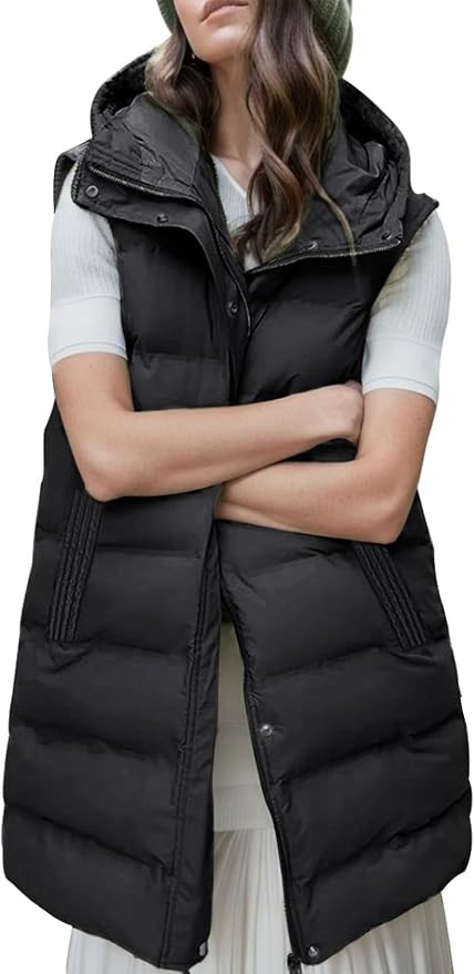 Gihuo Women's Long Puffer Vest Winter Quilted Hooded Sleeveless Zip Up Long Jacket Vest Gilet | Amazon (US)