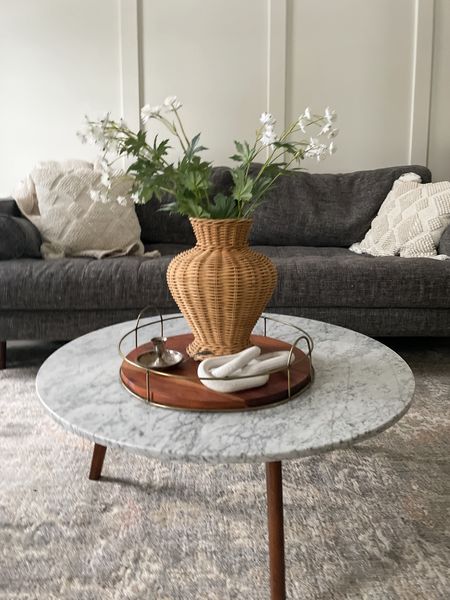 Living room coffee table is perfectly styled with a wicker vase and faux flowers from Target.  

Marble coffee table.  Wooden tray.  Wicker Vase.  Faux white Target flowers.  White wooden links.  Loloi area rug.  Gray mid century sofa.  Neutral living room.  

#LTKFamily #LTKHome #LTKStyleTip