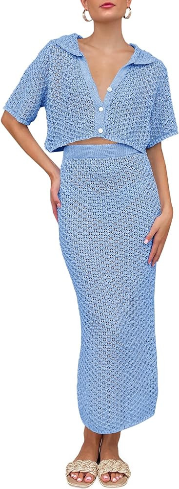 Saodimallsu Women Crochet Beach Cover Up Set Knit Crop Button Short Sleeve Collar Top Bodycon Lon... | Amazon (US)