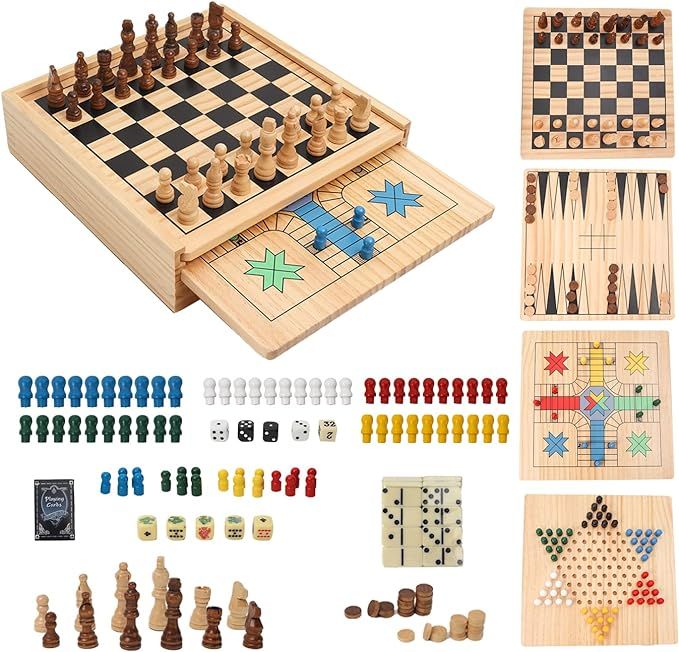 GSE Wooden 9-in-1 Chess, Checkers, Backgammon, Dominoes, Chinese Checkers, Tic-Tac-Toe, Ludo, Pla... | Amazon (US)