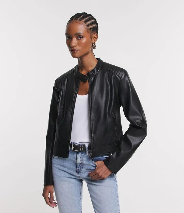 Jaqueta Motorcycle em Material Sintético com Ombros Texturizados Preto | Renner (BR)