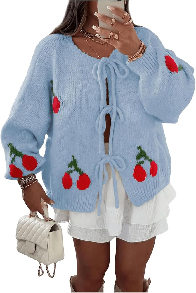 MakeMeChic Women's Cherry Pattern Tie Front Cardigan Sweaters Long Sleeve Crew Neck Drop Shoulder... | Amazon (US)