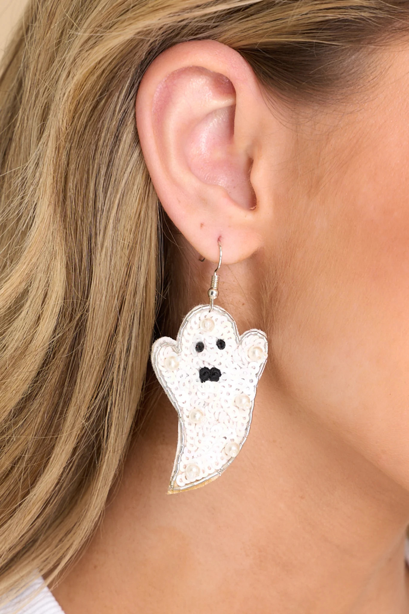 Trick Or Treat White Ghost Beaded Earrings | Red Dress 