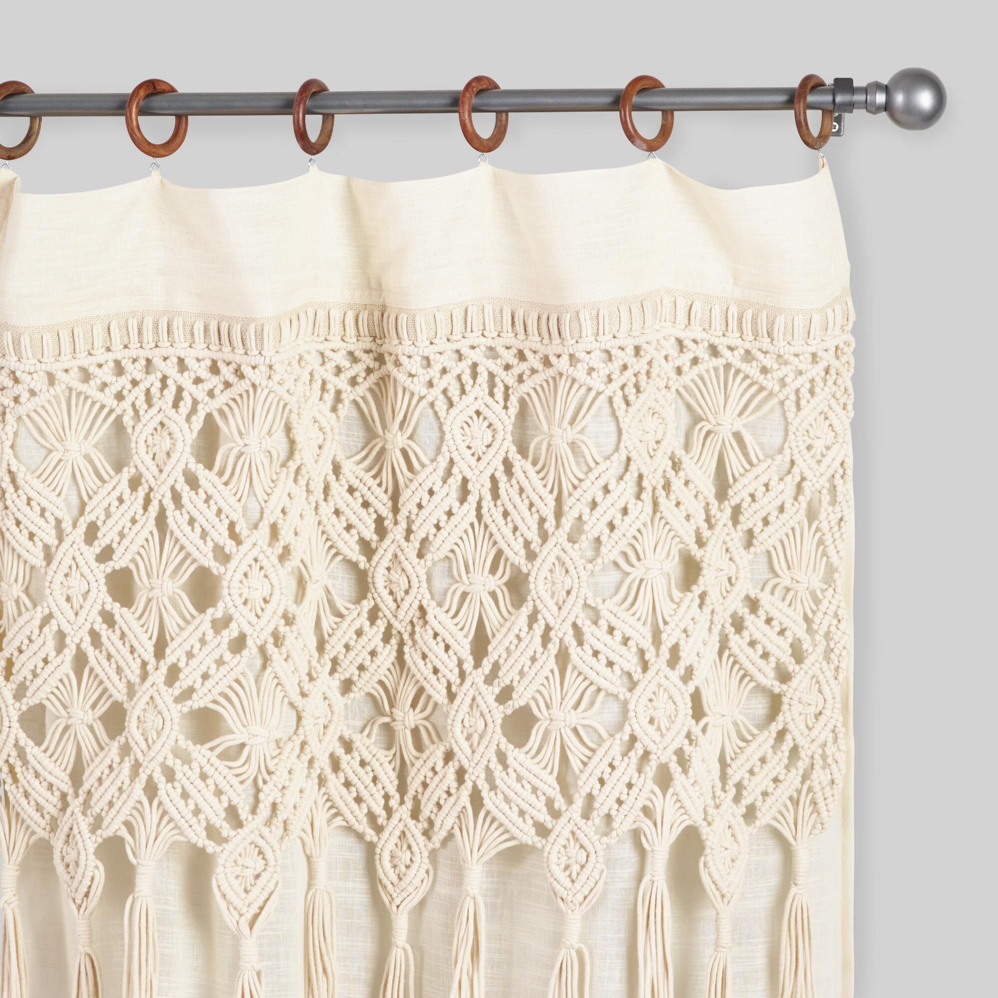 Macrame Curtains with Removable Wood Rings Set of 2: White - Cotton  - 84" L by World Market | World Market