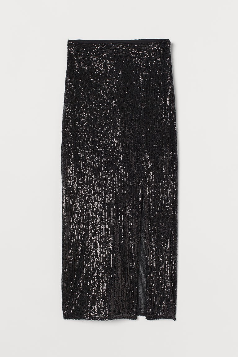 H & M - Slit-front sequined skirt - Black | H&M (UK, MY, IN, SG, PH, TW, HK)