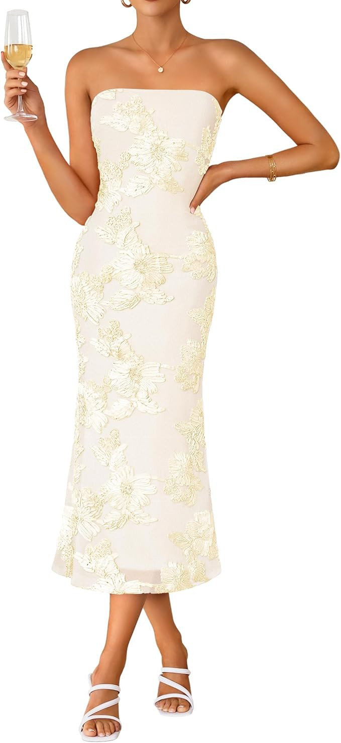 ZESICA Women's Summer Strapless Floral Midi Dress 2026 Bodycon Mesh Tube Wedding Guest Cocktail P... | Amazon (US)