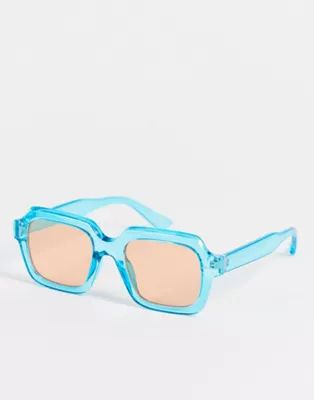 ASOS DESIGN recycled square sunglasses in crystal blue with orange lens | ASOS (Global)