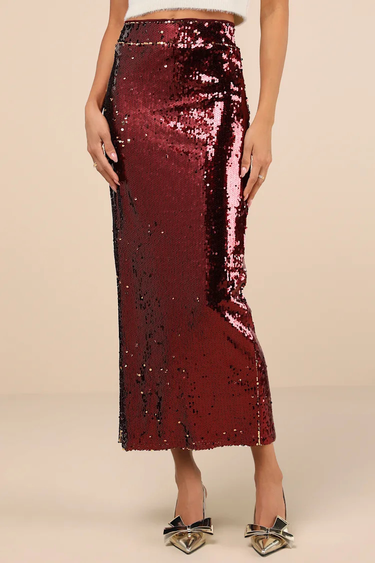 Dazzling Appearance Burgundy Sequin High-Rise Midi Skirt | Lulus