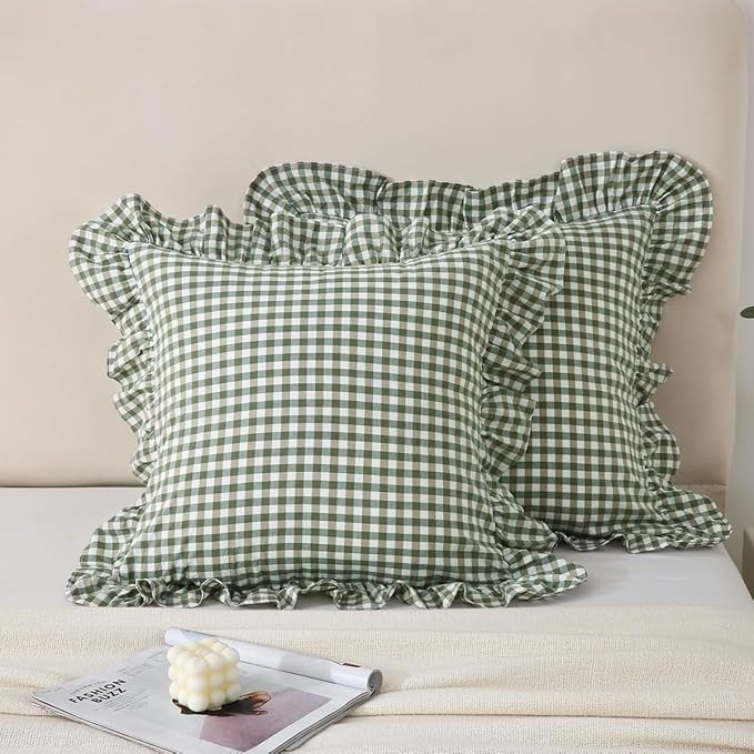 Silnuo 2 Pack Sage Green/White Plaid Ruffle Throw Pillow Covers Farmhouse Checkered Washed Cotton... | Amazon (CA)