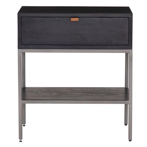 Theodore Industrial Loft Black Wood Grey Iron Leather Pulls 1 Drawer Nightstand | Kathy Kuo Home