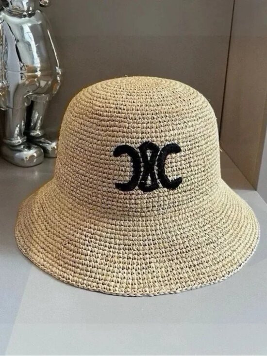 Celine Triomphe Raffia Bucket Hat Natural Straw Embroidered Triomphe Logo Sun Ha | Poshmark