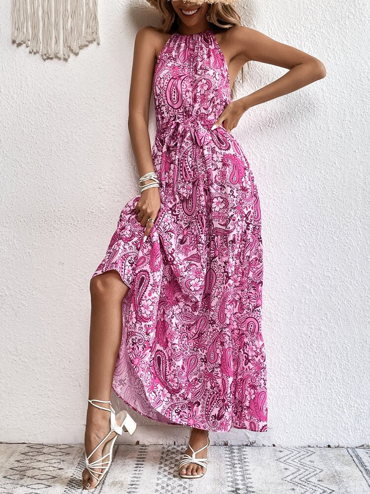 SHEIN VCAY Paisley Print Belted Halter Dress | SHEIN