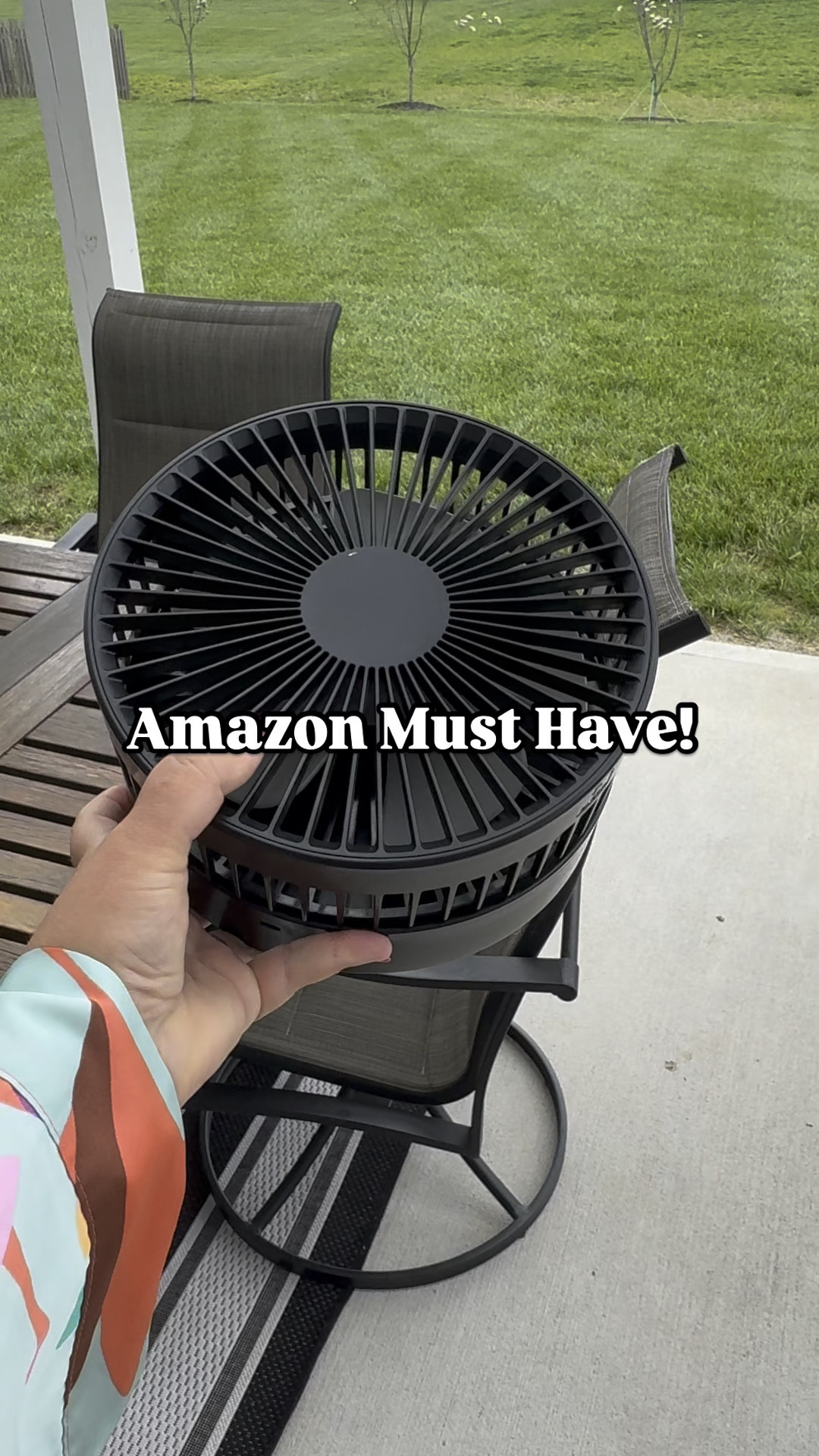 This rechargeable fan has a long lasting charge, multiple power settings, folds up compact & extends to over 3’ tall! I also love the “octopus arm” mini fans that wrap around arm chairs or anything else! 