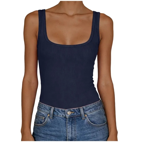 Caqnni Women Summer Ribbed Knit Stretch Slim Fit Solid Color Round Neck Vest Top Womens Sleeveles... | Walmart (US)