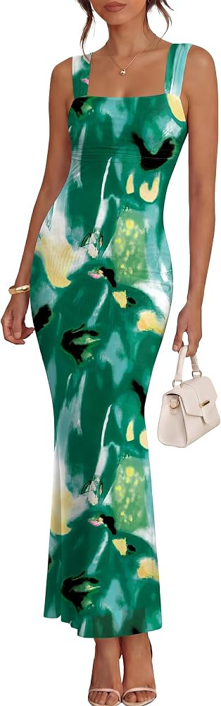 Caracilia Dresses for Women Summer 2026 Sleeveless Mesh Bodycon Floral Maxi Formal Wedding Guest ... | Amazon (US)