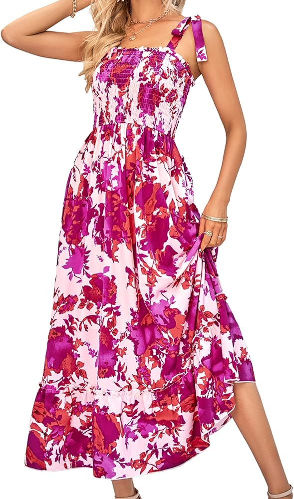 RIROW Women's Summer Maxi Dress - Boho Floral Sundress with Sleeveless Spaghetti Straps A Line Sh... | Amazon (US)