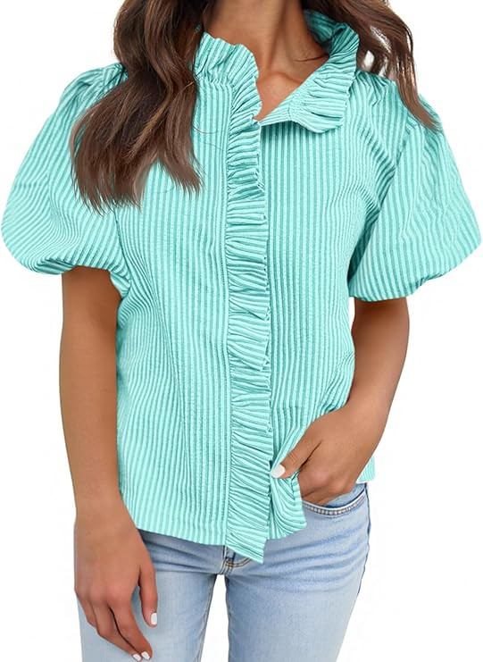 Tankaneo Womens Short Puff Sleeve Button Down Shirts Summer Ruffle Striped Work Tops Stand Collar... | Amazon (US)