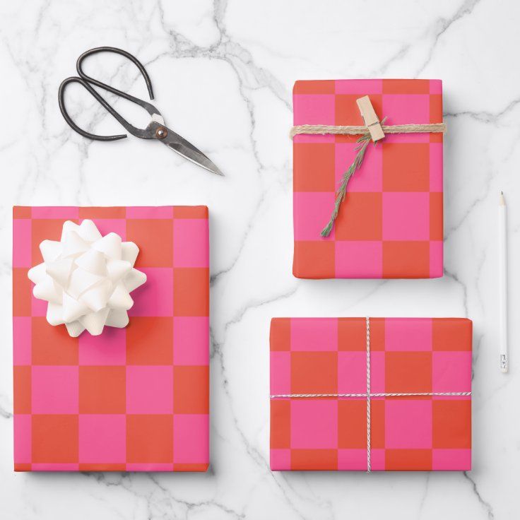 Checkerboard Checkered Pattern in Pink and Orange  Wrapping Paper Sheets | Zazzle | Zazzle