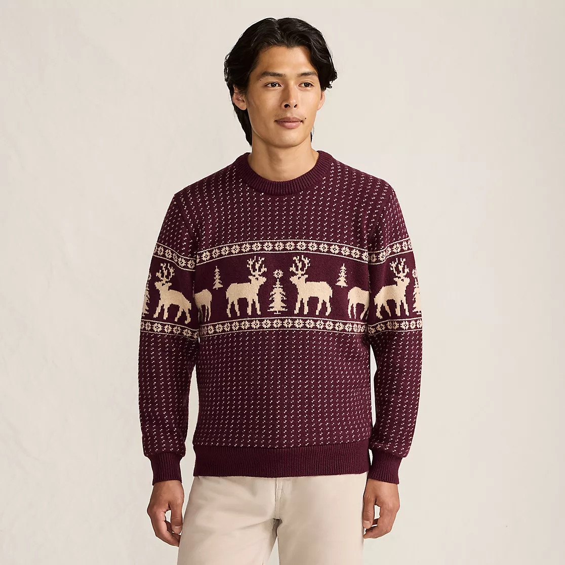 Men's Long Sleeve Holiday Birdseye Crewneck Sweater | Lands' End (US)