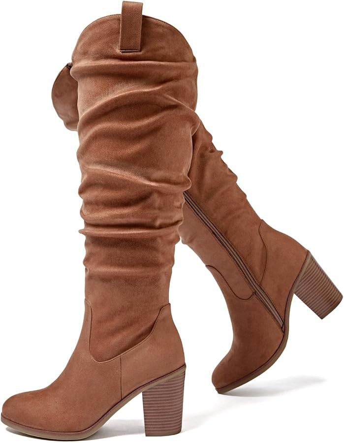 Luoika Women's Extra Wide Calf Cowboy Knee High Boots, Wide Width Cowgirl Slouchy Boots Chunky Pu... | Amazon (US)
