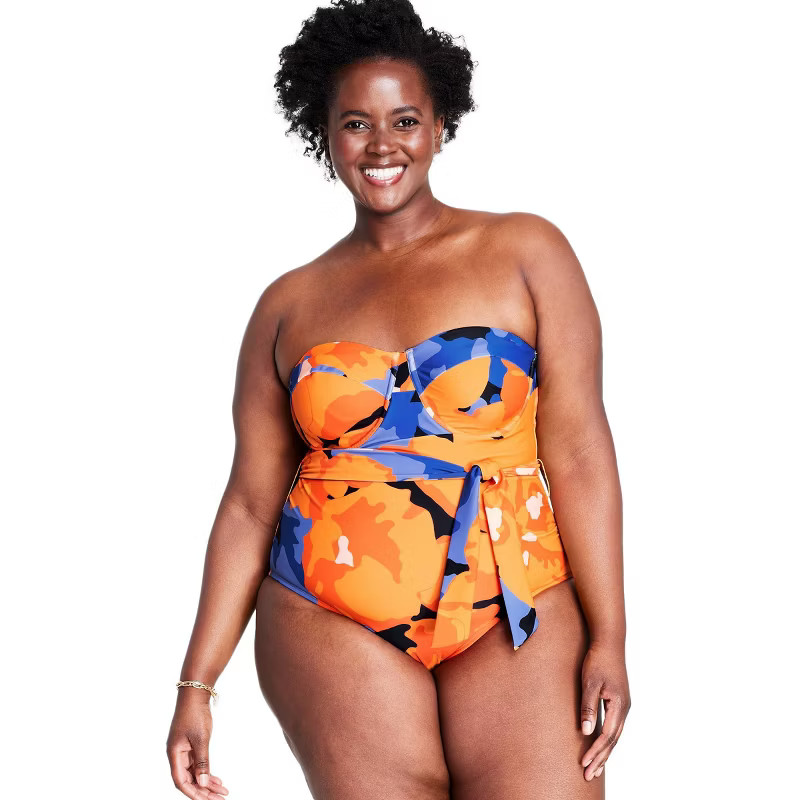 Women's Floral Print Underwire Tie-Front One Piece Swimsuit - Tabitha Brown for Target Blue/Orang... | Target