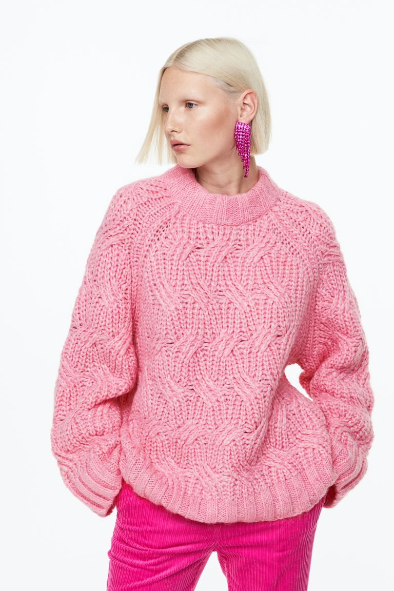 Oversized cable-knit wool-blend jumper - Pink - Ladies | H&M GB | H&M (UK, MY, IN, SG, PH, TW, HK)