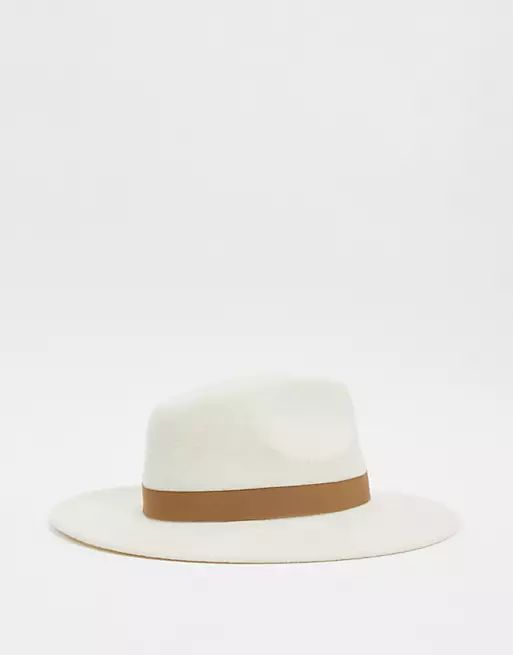 ASOS DESIGN felt fedora hat with tan band and size adjuster in cream | ASOS (Global)
